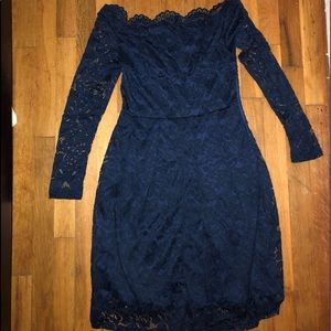 Off the shoulder blue lace knee length dress